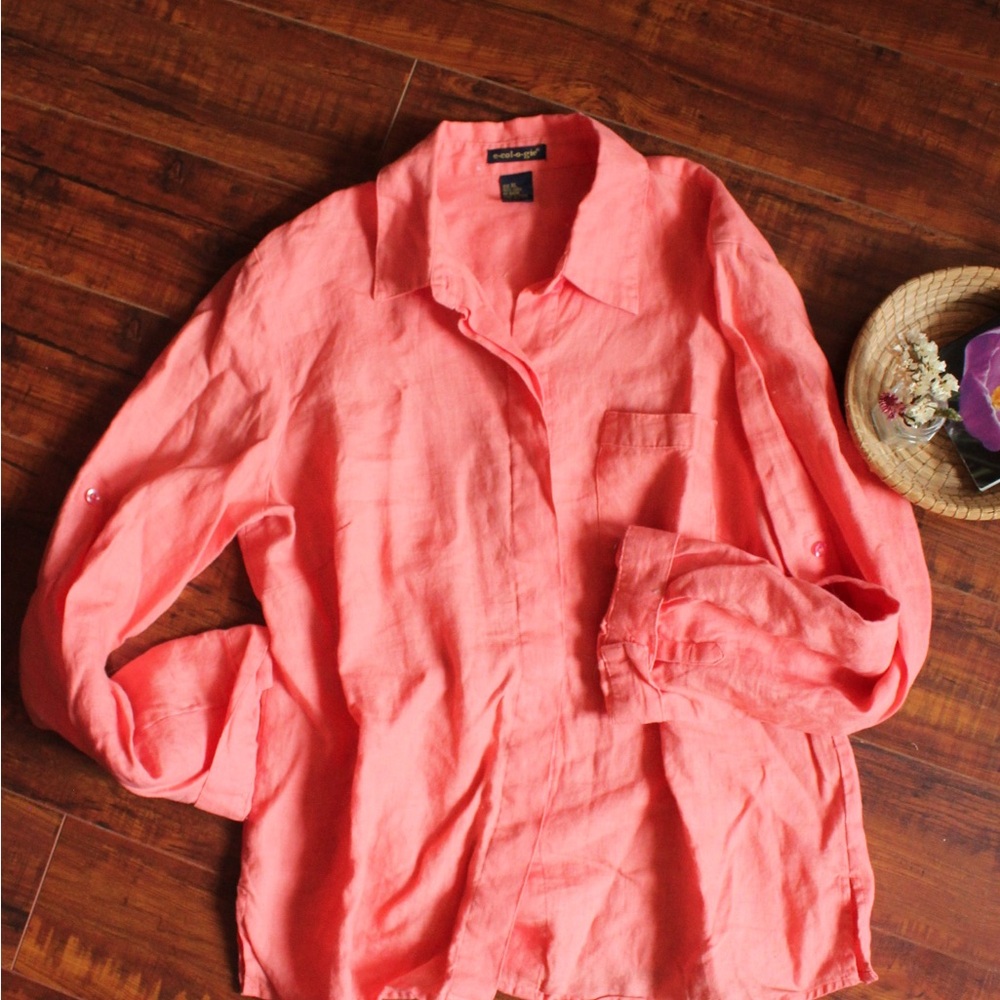 Coral 100% Linen Button-Up Shirt